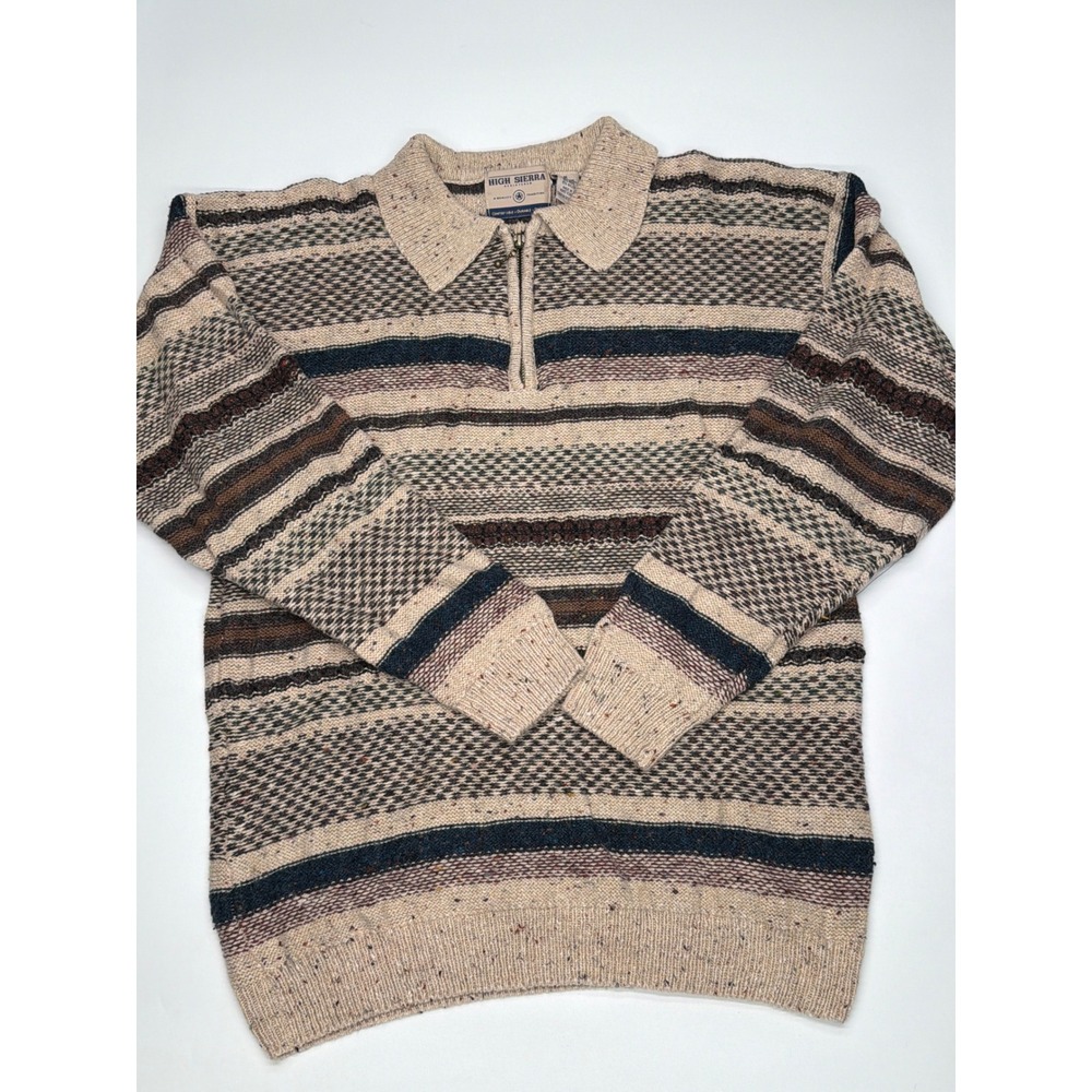 High Sierra Men's Brown Striped Quarter Zip Wool Blend Sweater Size M‎